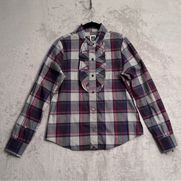 Quiksilver Bamboo Plaid Striped Button Front Ruffled Flannel Size L Preppy - Picture 1 of 12